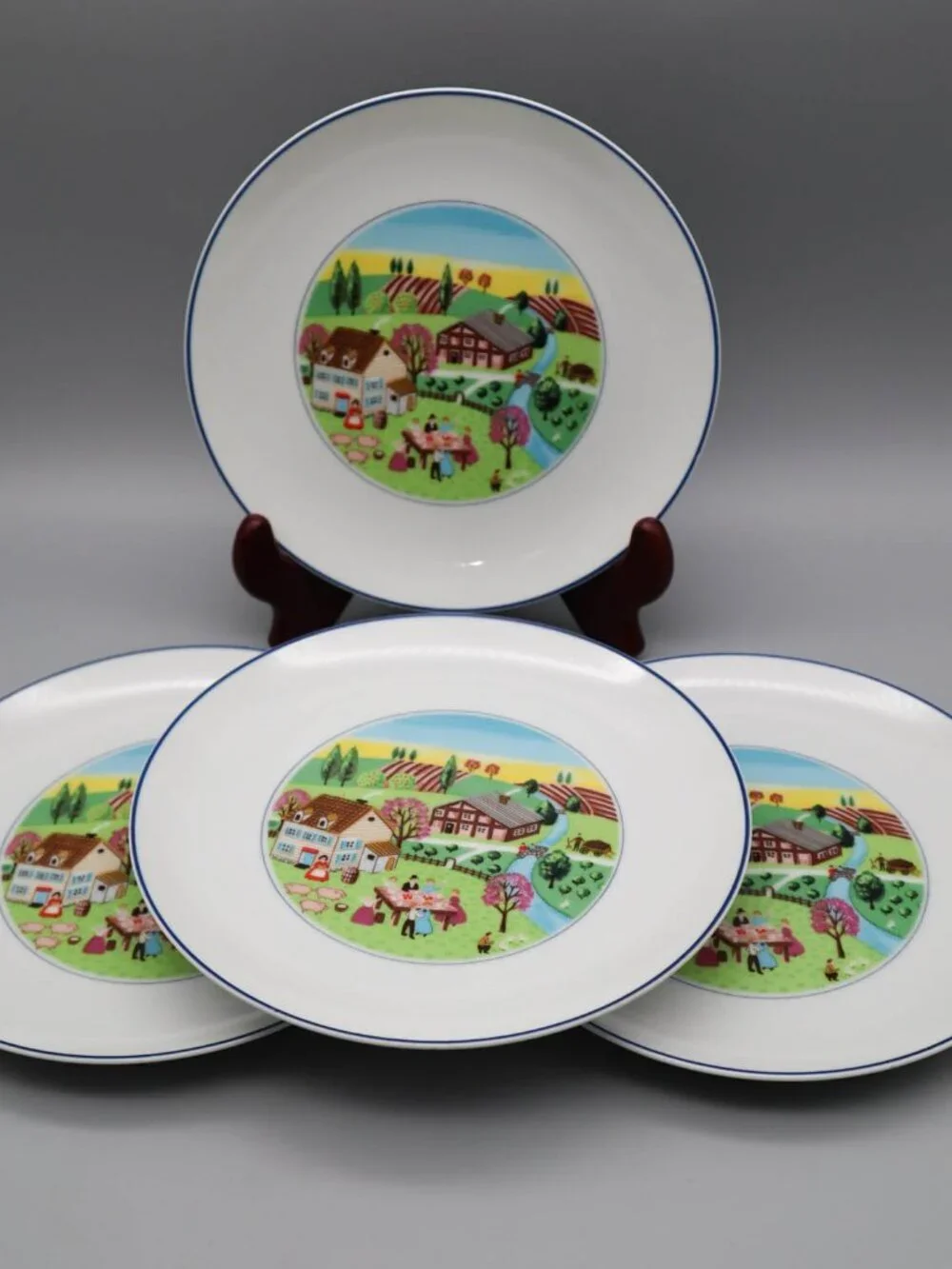 4 Vtg Nasco Japan Folk Art Farmhouse Countryside Village Salad Dessert Plates